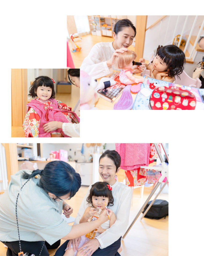 宮城県仙台市の七五三出張撮影　山菜の女の子がご自宅でヘアメイクや着付けをしている様子